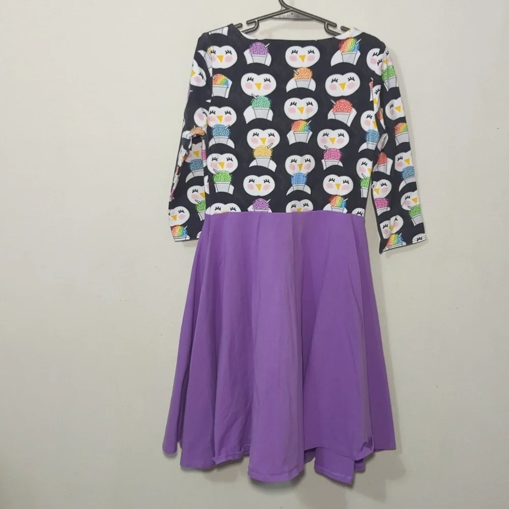Malia + Kai Penguin Cones Bridget Dress Black Purple 3/4 Sleeves Girls Size 10